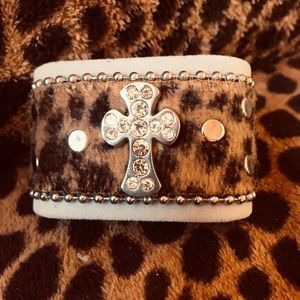 Leopard print cuff with crystal cross
